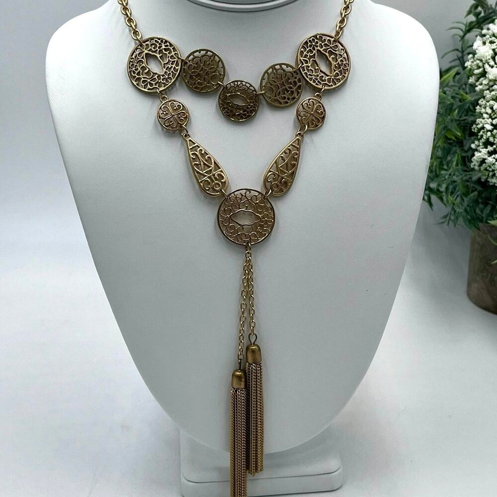 Matte Brushed Gold Double Strand Medallion Filigree Light Tassel Y‎ Necklace